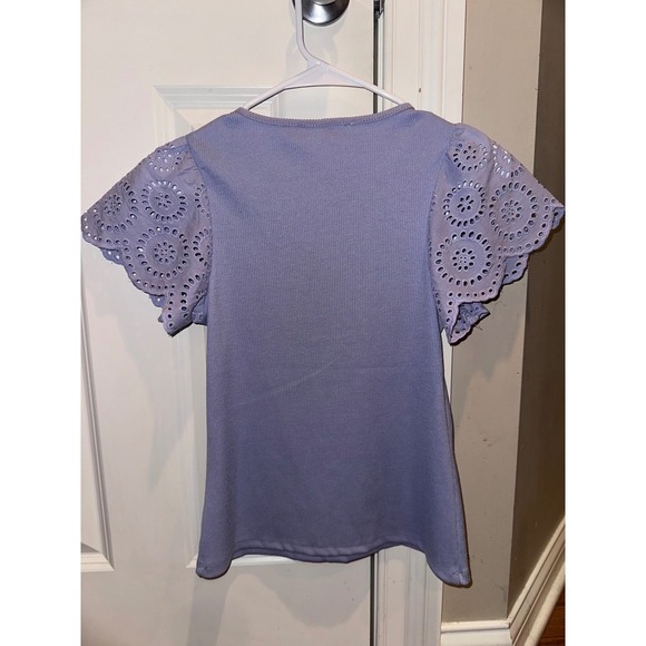 Women's Chelsea & Theodore Eyelet Sleeve Top Ribbed Knit Blouse Lavender XS - Picture 3 of 8